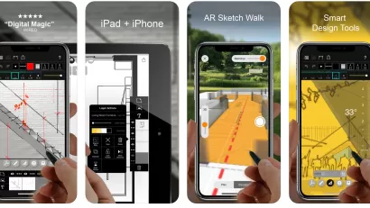 Screengrabs from the Morpholio Trace showing the drawing and annotation tools of the CAD app.